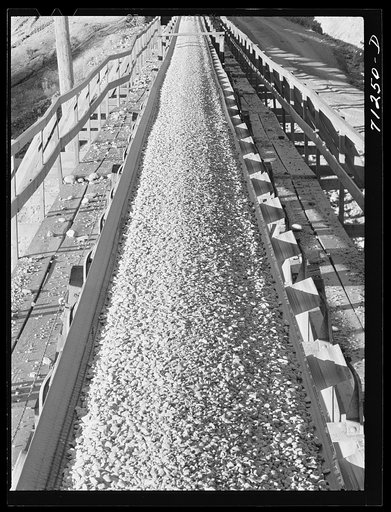 Untitled photo, possibly related to: Gravel on belt conveyor. Shasta Dam. Shasta County, California