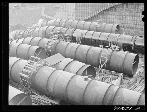 Untitled photo, possibly related to: Penstock pipe which will be used to carry water from reservoir formed by Shasta Dam to hydroelectric turbines. Shasta County, California