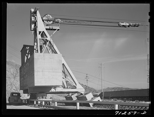 Tail tower, Shasta Dam, Shasta County, California. These towers move on tracks, support one end of cables which run from head tower