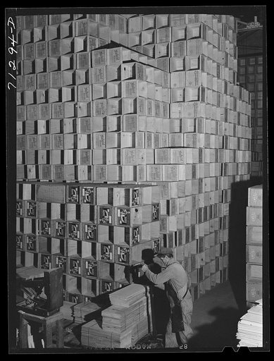 Untitled photo, possibly related to: Petaluma, Sonoma County, California. Crates for eggs. Petaluma, which is the center of the intensive egg producing area, calls itself "the world's egg basket"