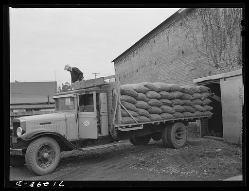 Untitled photo, possibly related to: Petaluma, Sonoma County, California. Loading feed onto a truck at a warehouse