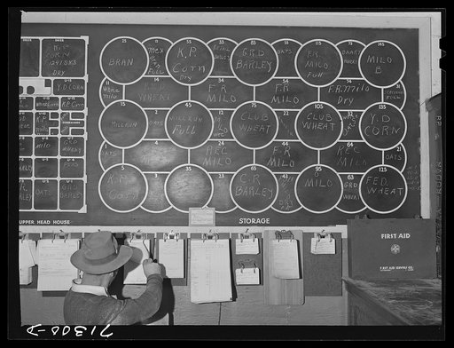 Untitled photo, possibly related to: Petaluma, Sonoma County, California. Diagram of storage of various grains handled by a feed store. The customers of this store are the chicken raisers