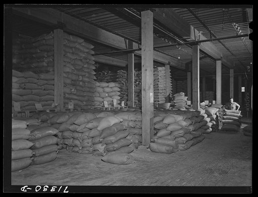 Petaluma, Sonoma County, California. Feed in warehouse. All feed is bought through cooperatives in this county which has a mass production of eggs