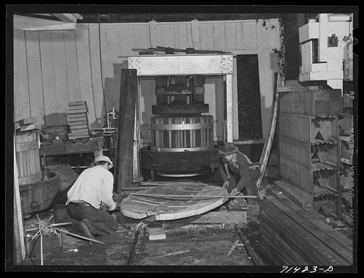 Sonoma County, California. Coopers making head of cask to be used in winery