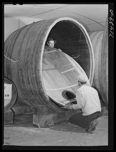 Sonoma County, California. Coopers fitting head of wine cask