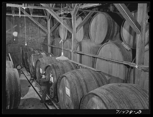 Sonoma County, California. Casks of aging wine at the winery