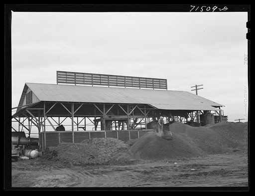 A byproducts plant in olive oil industry. The mounds are the pomace left after "soap" oil is extracted. This pomace has some value as a fertilizer. Strathmore, California