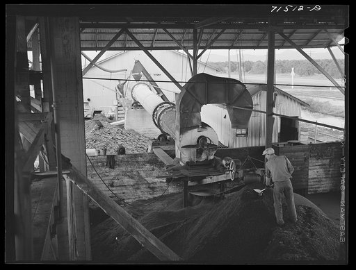 Untitled photo, possibly related to: After the chopped olives have been pressed twice for removal of oil, the remaining cake goes through this drying machine; next, the "soap" oil is extracted by means of a solvent. Strathmore, California