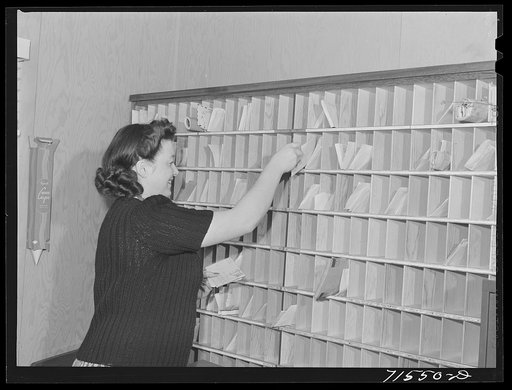 Mail racks at the FSA (Farm Security Administration) defense housing dormitories at Vallejo, California