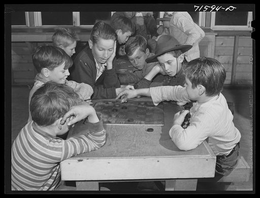 Woodville, California. FSA (Farm Security Administration) farm workers' community. Games in the recreation room