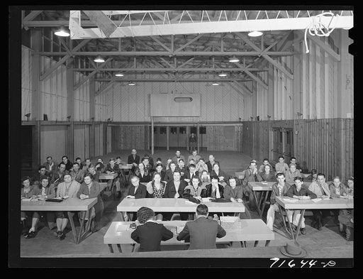 Woodville, California. FSA (Farm Security Administration) farm workers. Meeting of the first aid school in the main auditorium of the community building