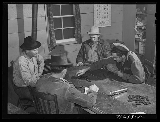 Tulare County, California. FSA (Farm Security Administration) farm workers' camp. Girl Scout learning camp. Domino game