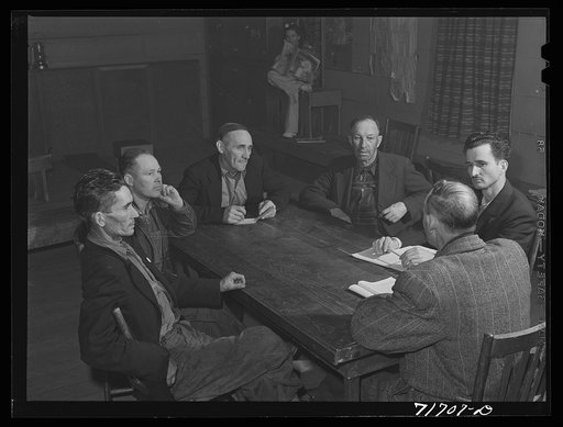 Tulare County, California. FSA (Farm Security Administration) farm workers' camp. Meeting of the cooperative store board