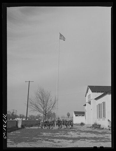 Tulare County, California. FSA (Farm Security Administration) farm workers' camp. Brownies (junior Girl Scouts) saluting the flag