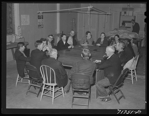 Untitled photo, possibly related to: Tulare County, California. FSA (Farm Security Administration) farm workers' camp. Camp council meeting