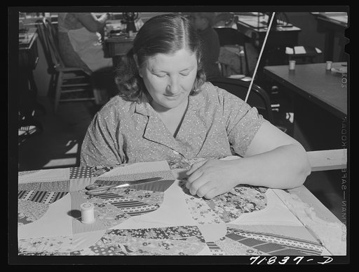 Woodville, California. FSA (Farm Security Administration) farm workers' community. Quilting in the sewing room