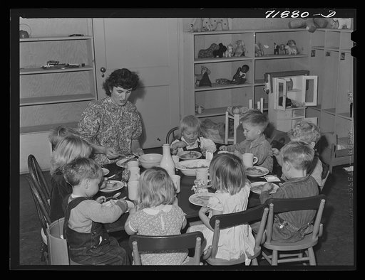 Woodville, California. FSA (Farm Security Administration) farm workers' community. Lunch at the nursery school