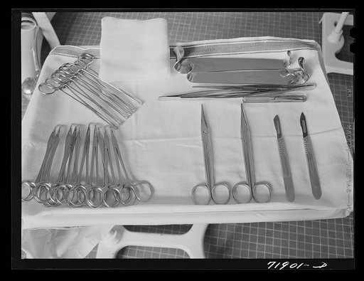 Untitled photo, possibly related to: Instruments for an operation at the Cairns General Hospital at the FSA (Farm Security Administration) farm workers' community. Eleven Mile Corner, Arizona