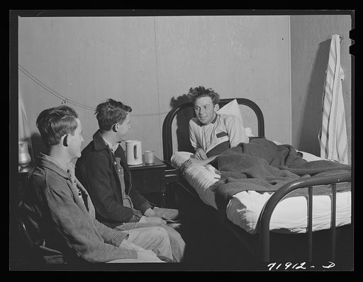 Untitled photo, possibly related to: Visitors' hour at the Cairns General Hospital at the FSA (Farm Security Administration) farmworkers' community. Eleven Mile Corner, Arizona