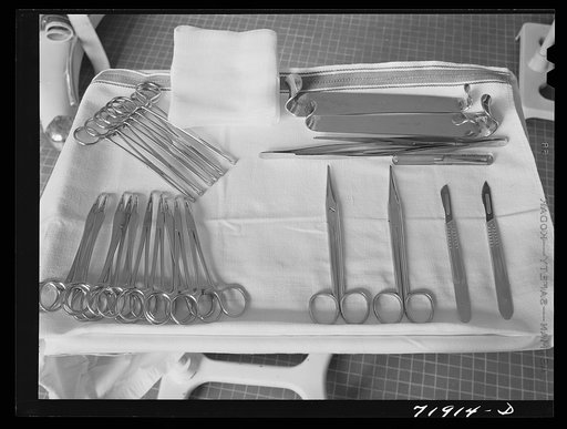 Instruments for an operation at the Cairns General Hospital at the FSA (Farm Security Administration) farm workers' community. Eleven Mile Corner, Arizona