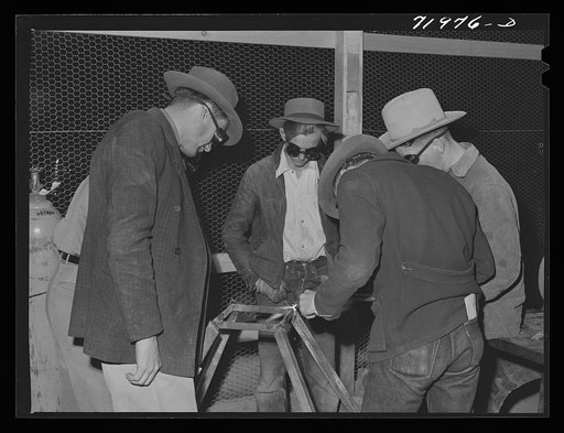Untitled photo, possibly related to: Pinal County, Arizona. Defense training project, U.S. Department of Education welding school. All these men and boys live on the farms and ranches nearby. Some men, who are agricultural workers living at the FSA (Farm Security Administration) farm workers' commun