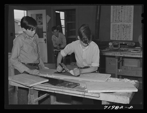 Eleven Mile Corner, Arizona. FSA (Farm Security Administration) farm workers' community. Boys in the workshop. This is one of the vocational schools established under the Smith-Hughes bill