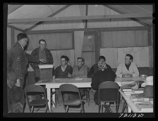 Untitled photo, possibly related to: Farm workers who live at the FSA (Farm Security Administration) farm workers' community mobile unit vote for camp council members. Friendly Corners, Arizona