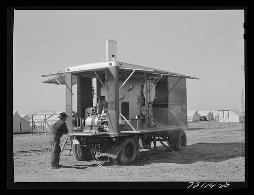Mobile power unit at the FSA (Farm Security Administration) farm workers' community mobile unit. Friendly Corners, Arizona