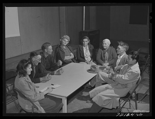 Untitled photo, possibly related to: Camp council meeting at FSA (Farm Security Administration) farm workers' community. Yuma, Arizona