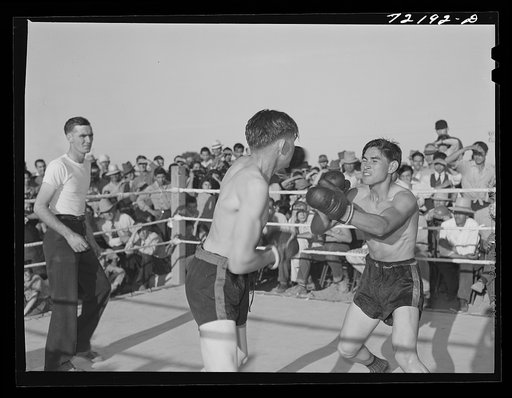 Untitled photo, possibly related to: Boxing match at the second annual field day at the FSA (Farm Security Administration) farm workers' community. Yuma, Arizona