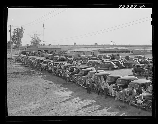 Automobiles of farm workers at the second annual field day  at the FSA (Farm Security Administration) farm workers' community. Yuma, Arizona