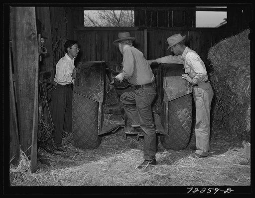 Los Angeles, California. The evacuation of Japanese-Americans from West coast areas under United States Army war emergency orders. White farmers inspecting farm machinery belonging to Japanese