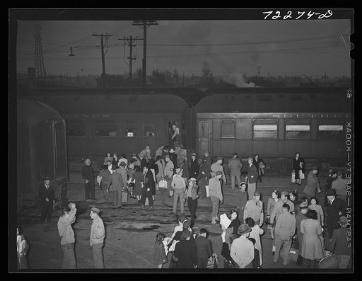 Los Angeles, California. The evacuation of Japanese-Americans from West coast areas under United States Army war emergency order. Early morning departure for the Owens Valley