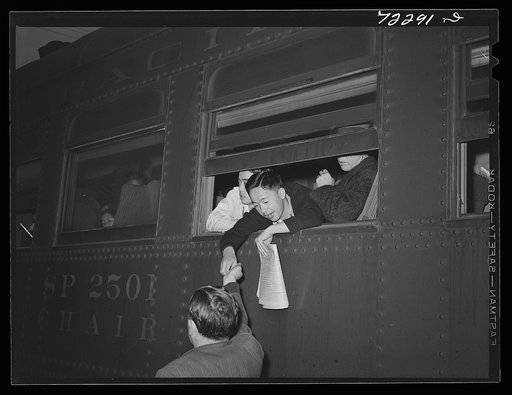 Los Angeles, California. The evacuation of Japanese-Americans from West coast areas under United States Army war emergency order. Japanese leave for Owens Valley