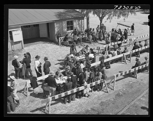 Los Angeles County, California. The evaluation of Japanese and Japanese-Americans from West coast areas under United States Army war emergency order. Japanese register as they arrive at the Santa Anita reception center