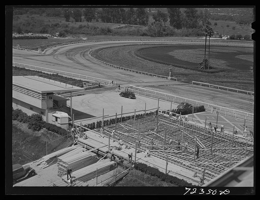 Santa Anita reception center, Los Angeles County, California. The evacuation of Japanese and Japanese-Americans from West coast areas under United States Army war emergency order. Construction work on accommodations for Japanese