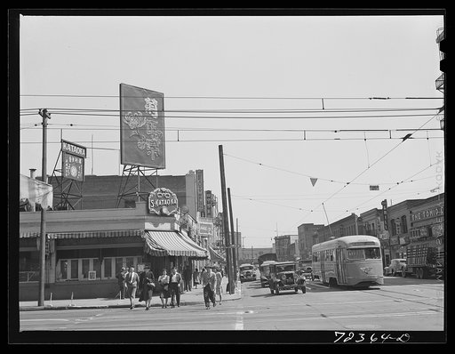 Los Angeles, California. Street scene, Little Tokyo, before evacuation of Japanese-Americans from West coast areas under United States Army war emergency order