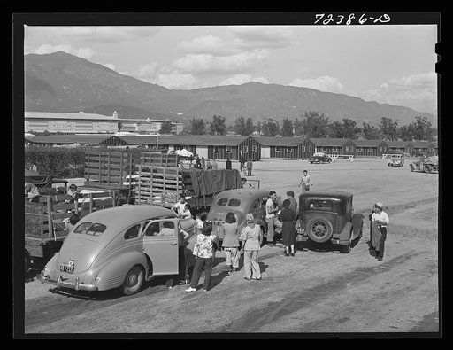 Los Angeles County, California. The evacuation of Japanese-Americans from West coast areas under United States Army war emergency order. Japanese arriving at the Santa Anita reception center