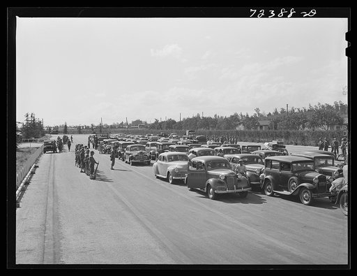 Los Angeles County, California. The evacuation of Japanese-Americans from West coast areas under United States Army war emergency order. Arriving at the Santa Anita reception center