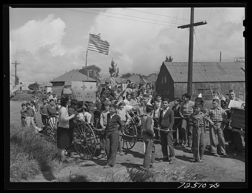 San Juan Bautista, California. Schoolchildren with scrap metal for war