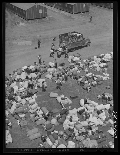 Untitled photo, possibly related to:  Los Angeles (vicinity), California. Baggage of Japanese-Americans evacuated from certain West coast areas under United States Army war emergency order, who have arrived at a reception center at a racetrack