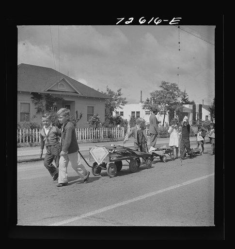 Untitled photo, possibly related to: San Juan Bautista, California. Schoolchildren parading with scrap metal they have collected for the war