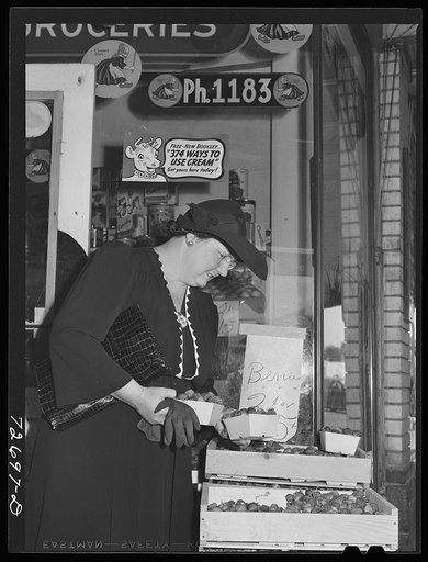 Turlock, California. Housewife shops for groceries. The fact that she no longer uses her automobile on shopping tours doesn't prevent her from comparing values in various stores