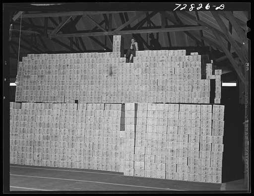 Turlock, California. Stack of cans which will contain dehydrated cabbage