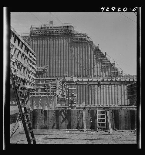 Shasta Dam, Shasta County, California. Dam under construction showing the forms for concrete