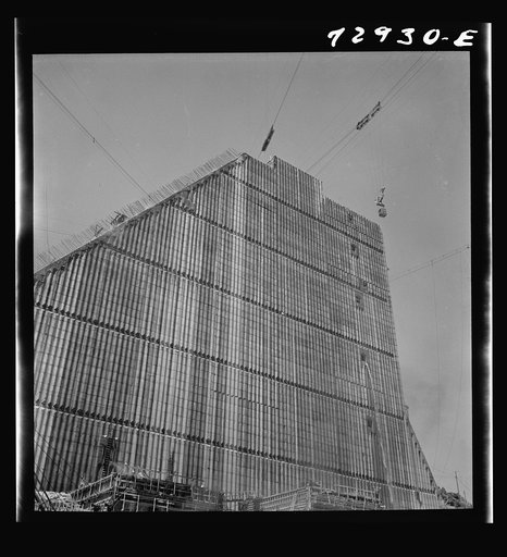 Shasta Dam, Shasta County, California. Part of dam under construction. Notice the fringe of steel reinforcing bars