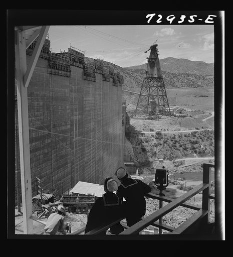 Shasta Dam, Shasta County, California. Sailors watching construction work on the dam from Vista house