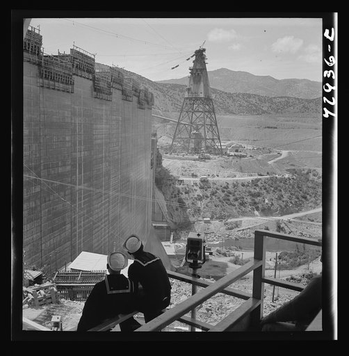Untitled photo, possibly related to: Shasta Dam, Shasta County, California. Sailors watching construction work on the dam from Vista house