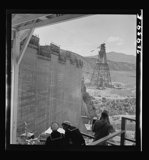 Untitled photo, possibly related to: Shasta Dam, Shasta County, California. Sailors watching construction work on the dam from Vista house