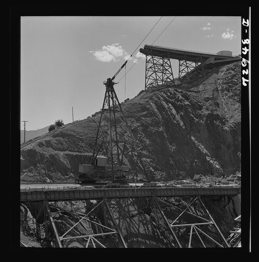 Shasta Dam, Shasta County, California. One of the tail towers which supports one end of the cable which is used to transport materials to the construction area